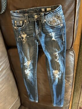 Miss Me Dark Blue Distressed Embroidered Skinny Jeans
